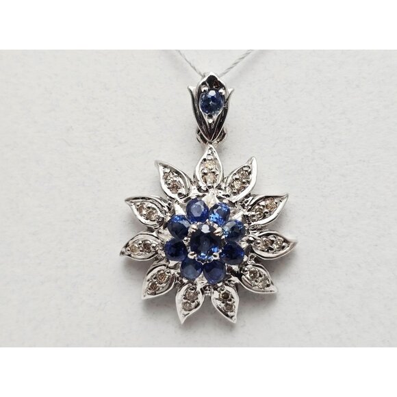 Beautiful 14K Solid White Gold Designer Sapphire & Diamond Flower Charm Pendant